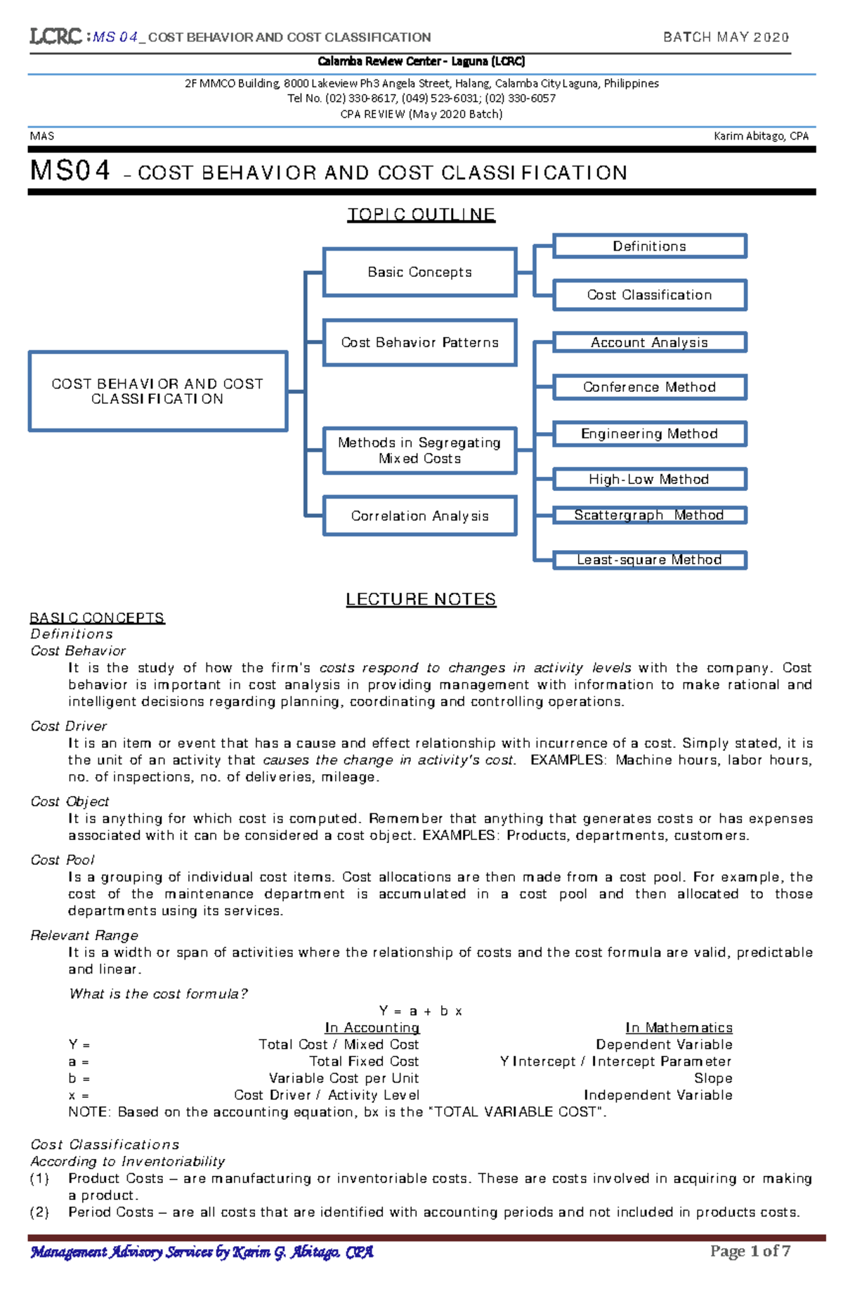 MS04 - Final Exam Notes on Cost Behavior and Classification - Studocu