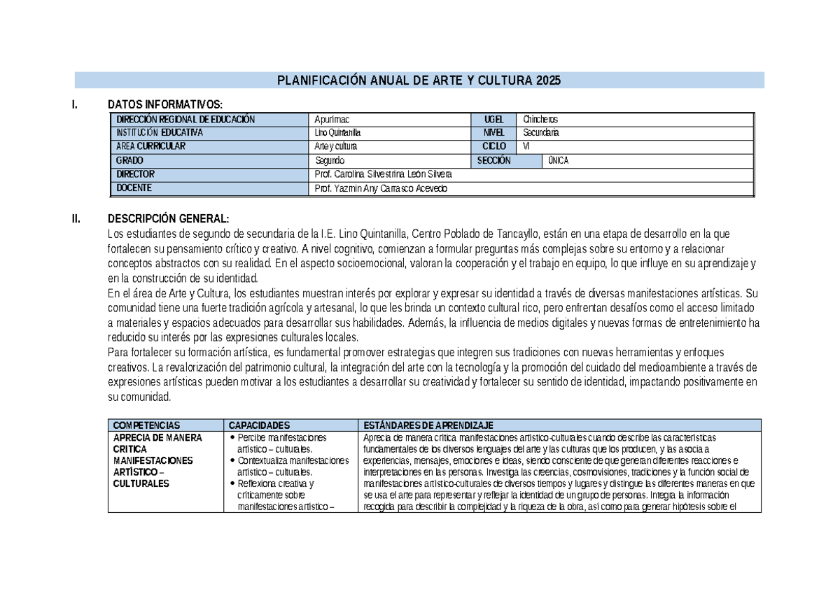 Planificación Anual de Arte y Cultura - 2025 - I.E. Lino Quintanilla ...