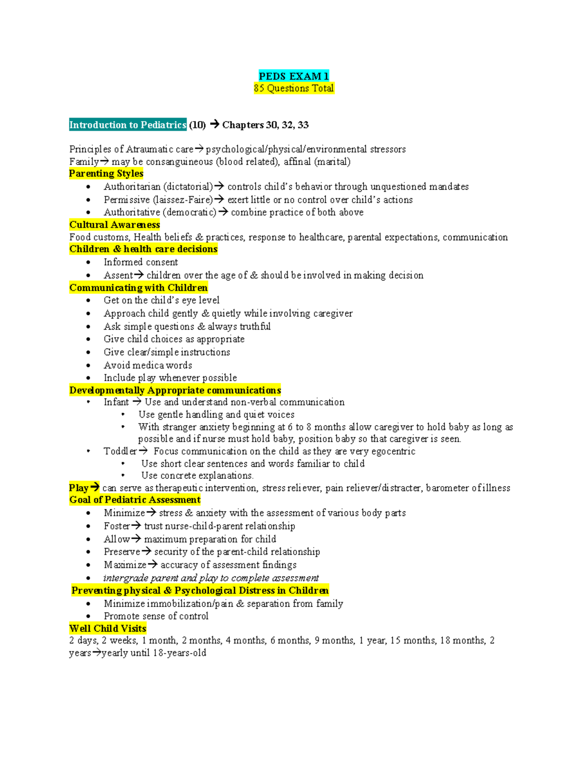 PEDS 101 - Exam 1 Study Notes with Key Concepts and Insights - Studocu