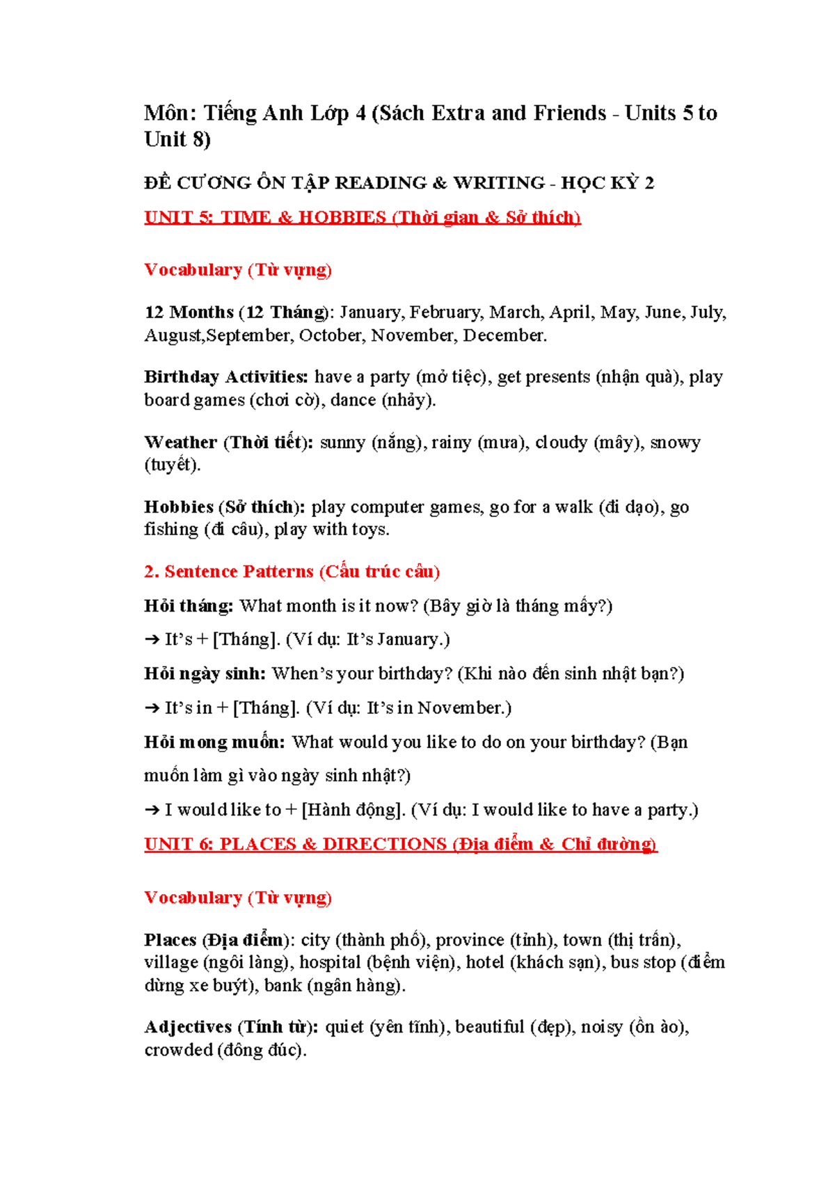 ĐỀ CƯƠNG ÔN TẬP READING WRITING TIẾNG ANH LỚP 4 (HỌC KỲ 2) - Studocu
