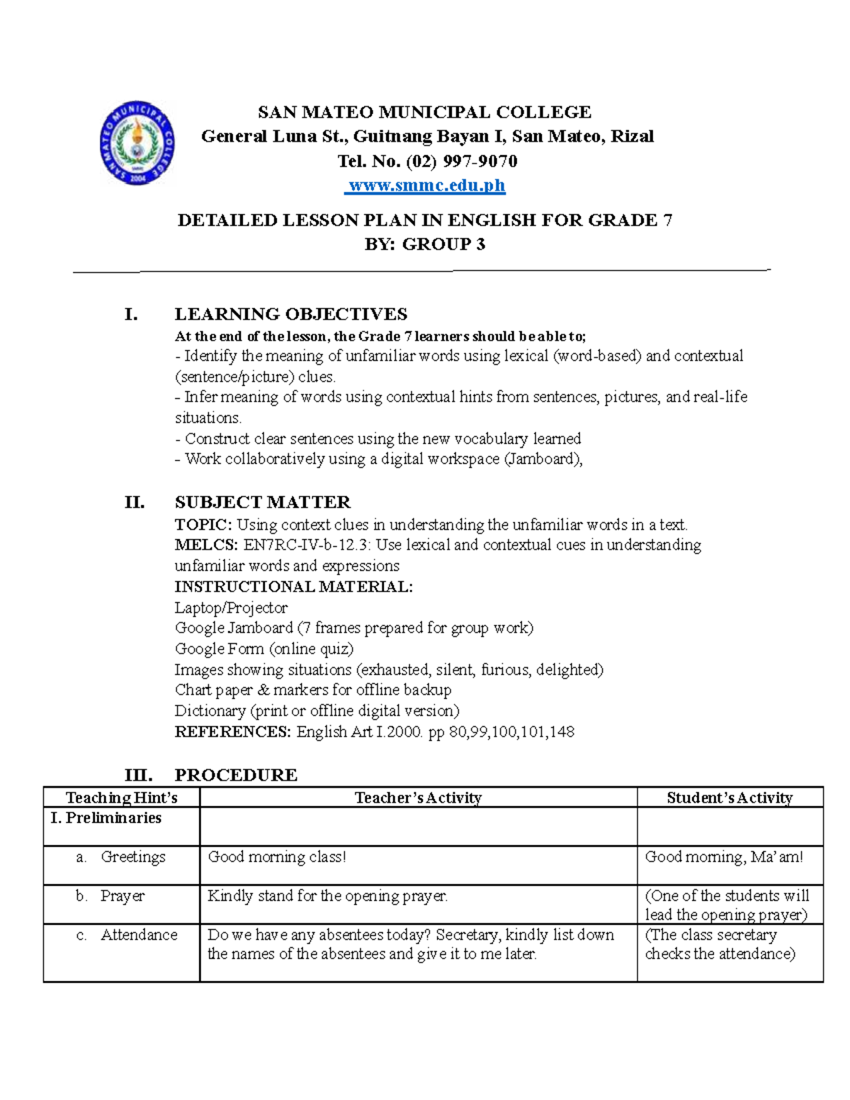 Tftal 2-LP-G3: Detailed Lesson Plan on Context Clues for Grade 7 - Studocu
