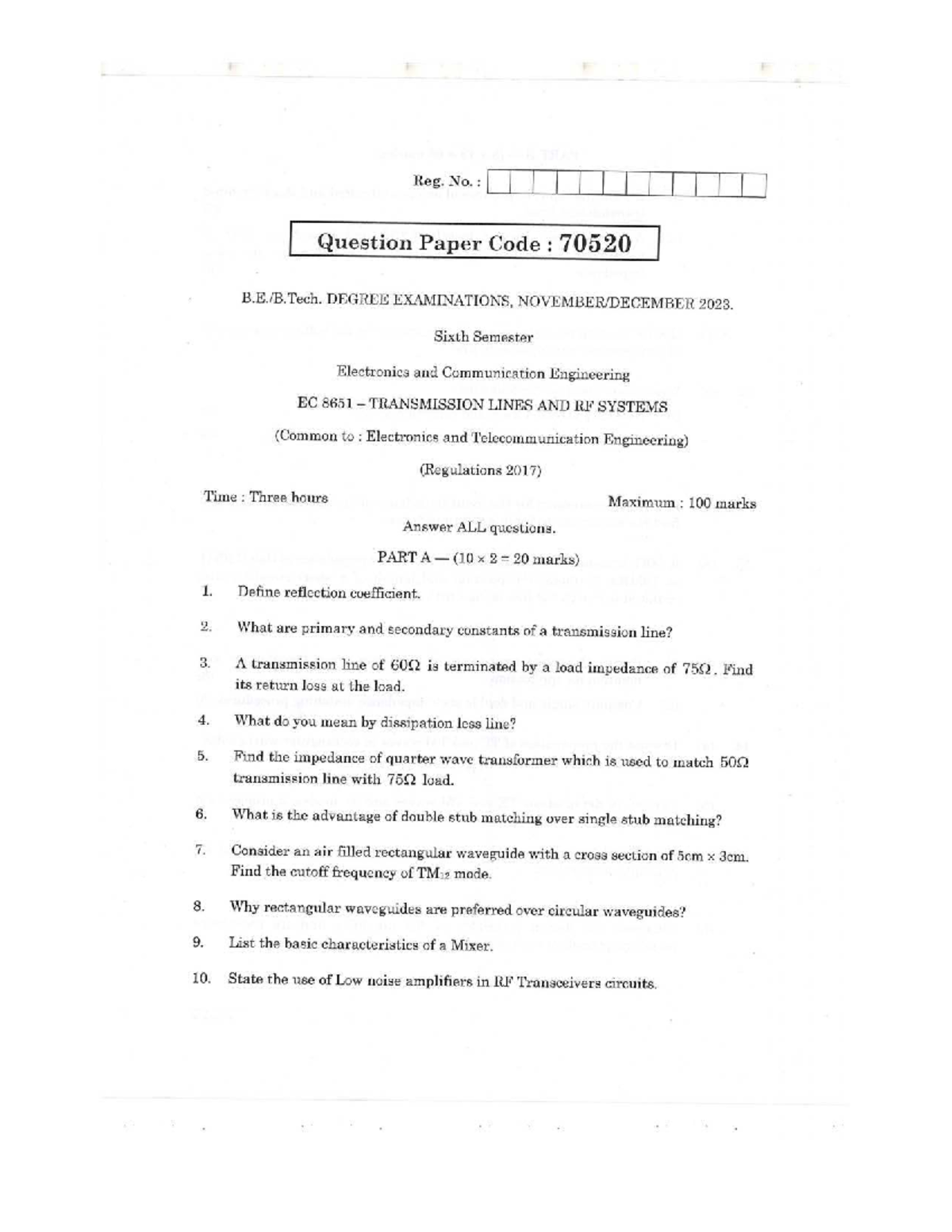 EC 8651 - Transmission Lines and RF Systems Exam Paper Summary - Studocu