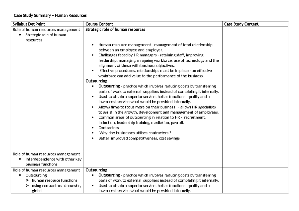 HRM Case Study Summary: Strategic Role & Outsourcing Challenges - Studocu