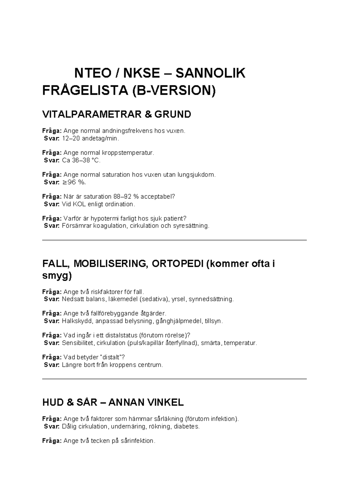 NTEO NKSE Vitalparametrar och Fallrisk Frågelista - Studocu