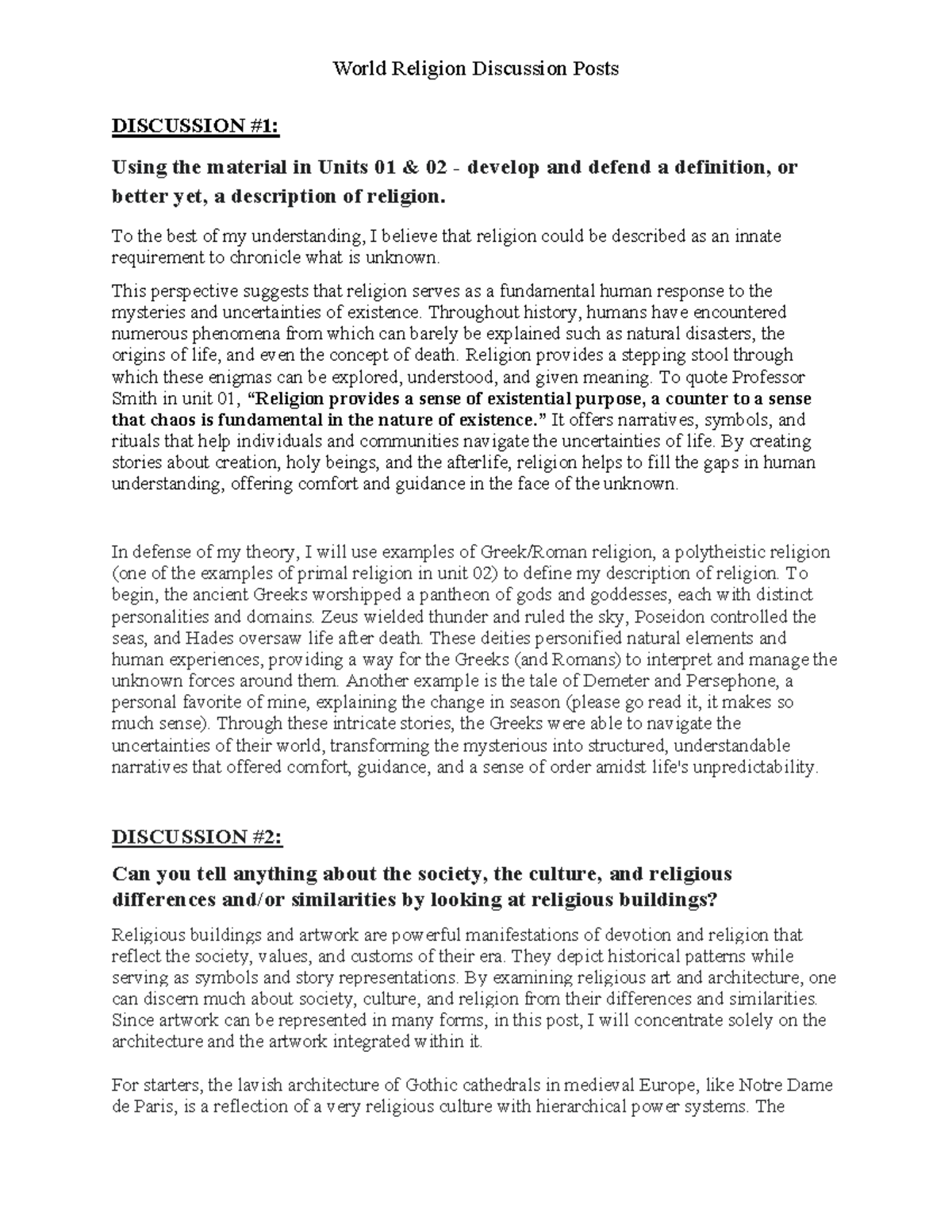 World Religion Discussion Posts: Exploring Definitions and Practices ...