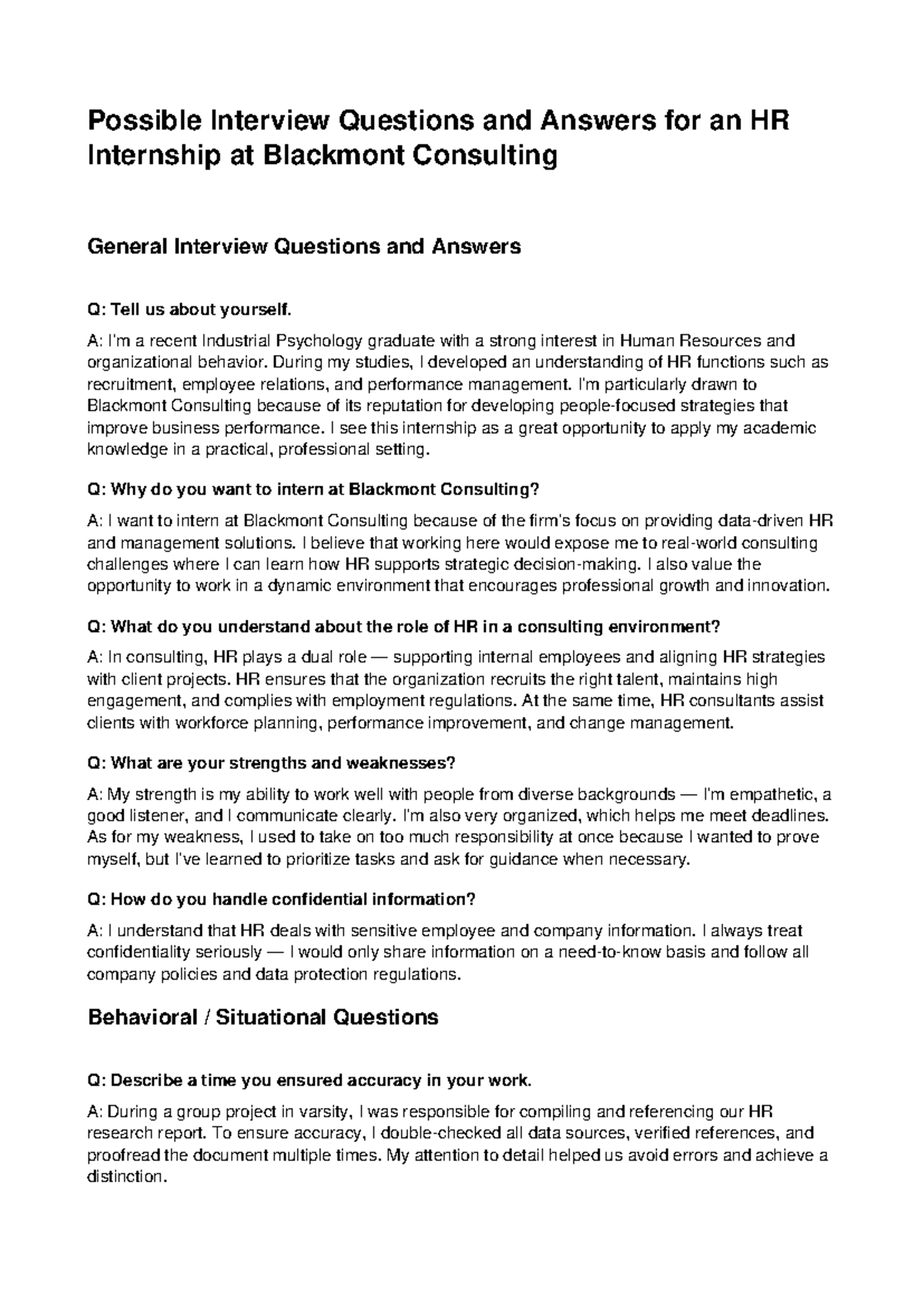HR Internship Interview Q&A Guide - Blackmont Consulting - Studocu