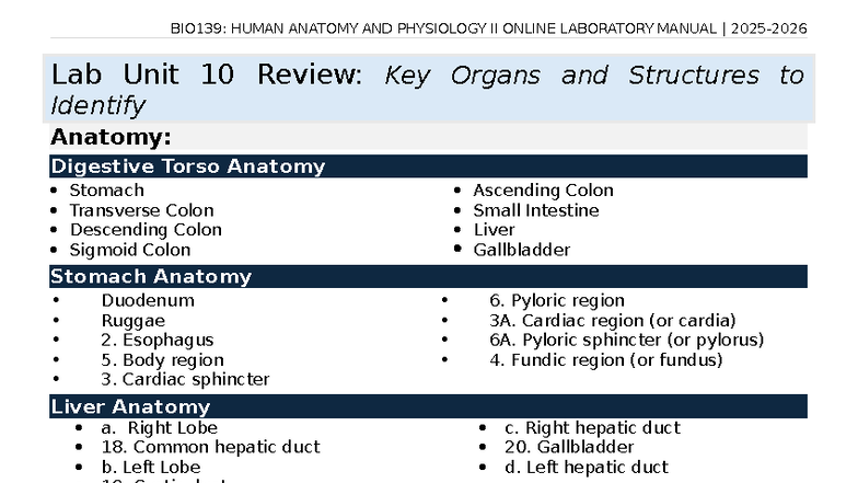 BIO139: Lab Unit 10 Review - Key Organs & Structures in Anatomy - Studocu