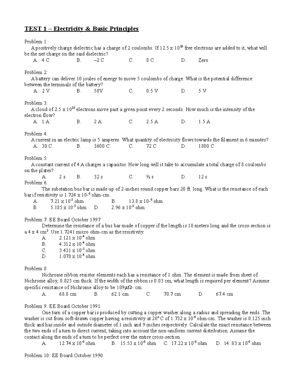 EE Board Exam Problems – Electricity & Basic Principles Practice - Studocu