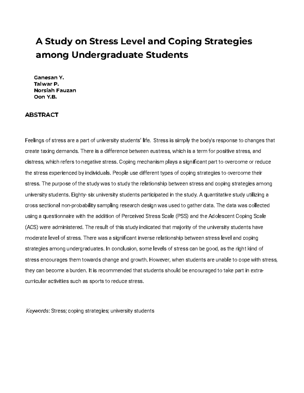 Study on Stress Levels & Coping Strategies Among Undergrads (2018 ...