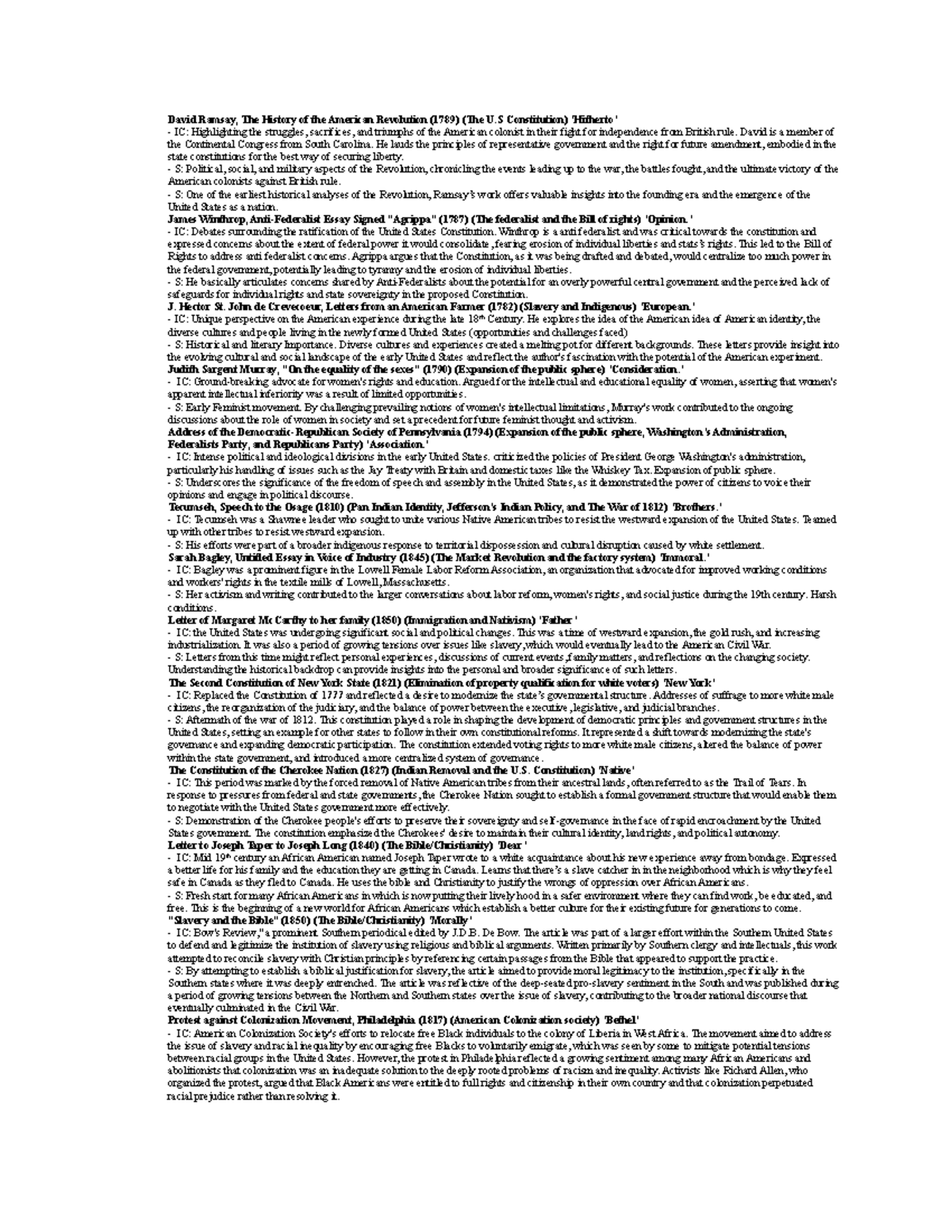 Study Guide for HY 103: Key Texts on American History and Ideologies ...