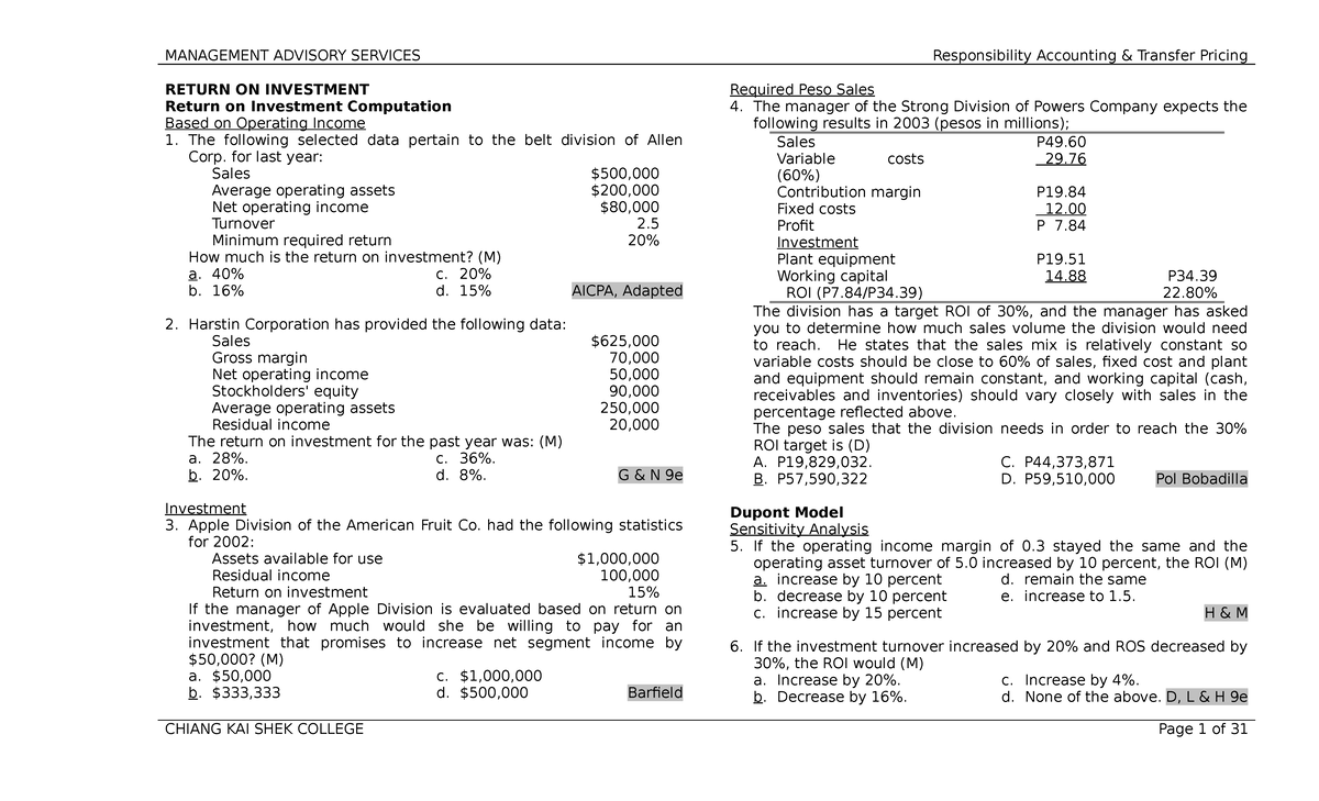Responsibility accounting transfer pricing analysis - RETURN ON ...