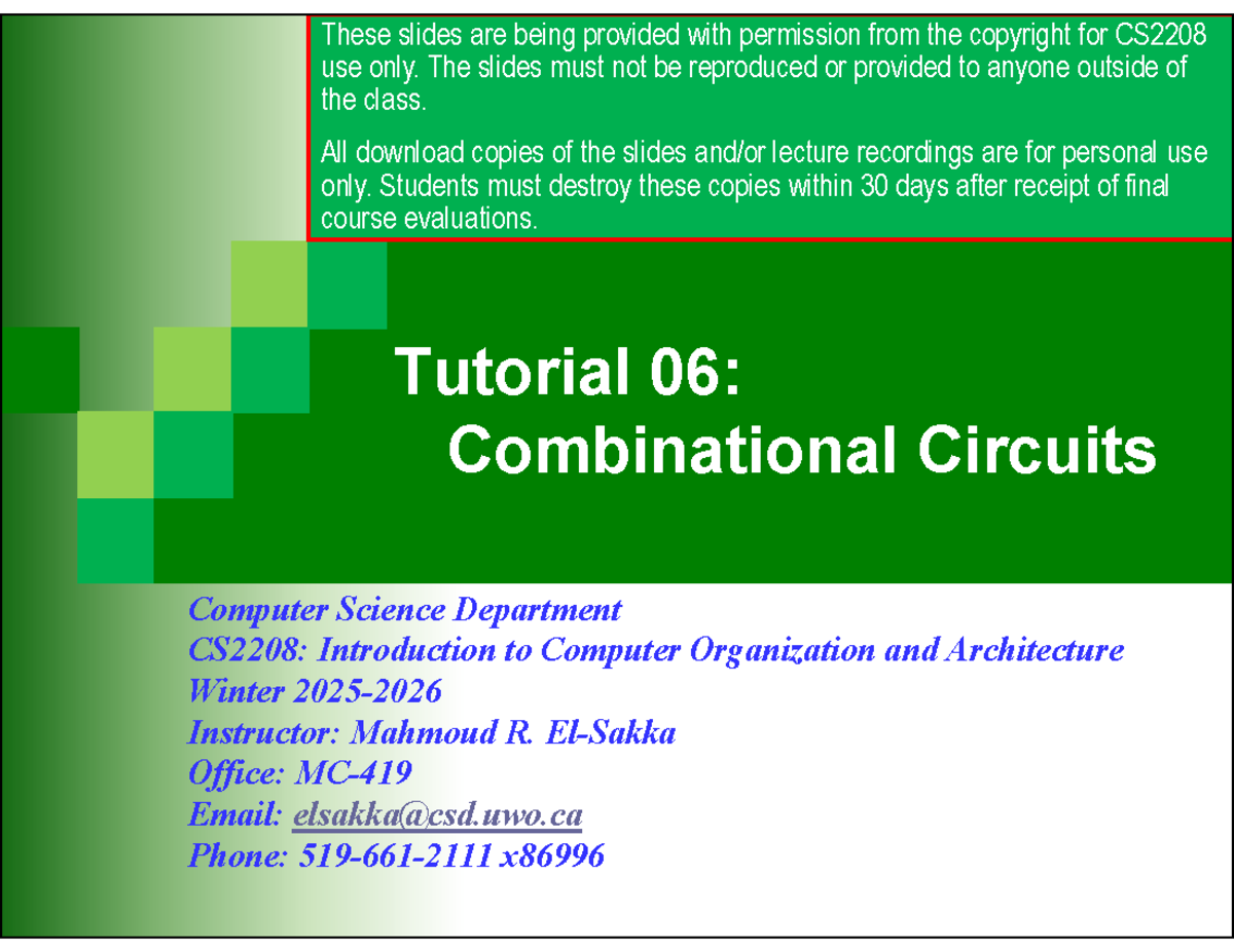 CS2208 Tutorial 06: Combinational Circuits Overview - Studocu