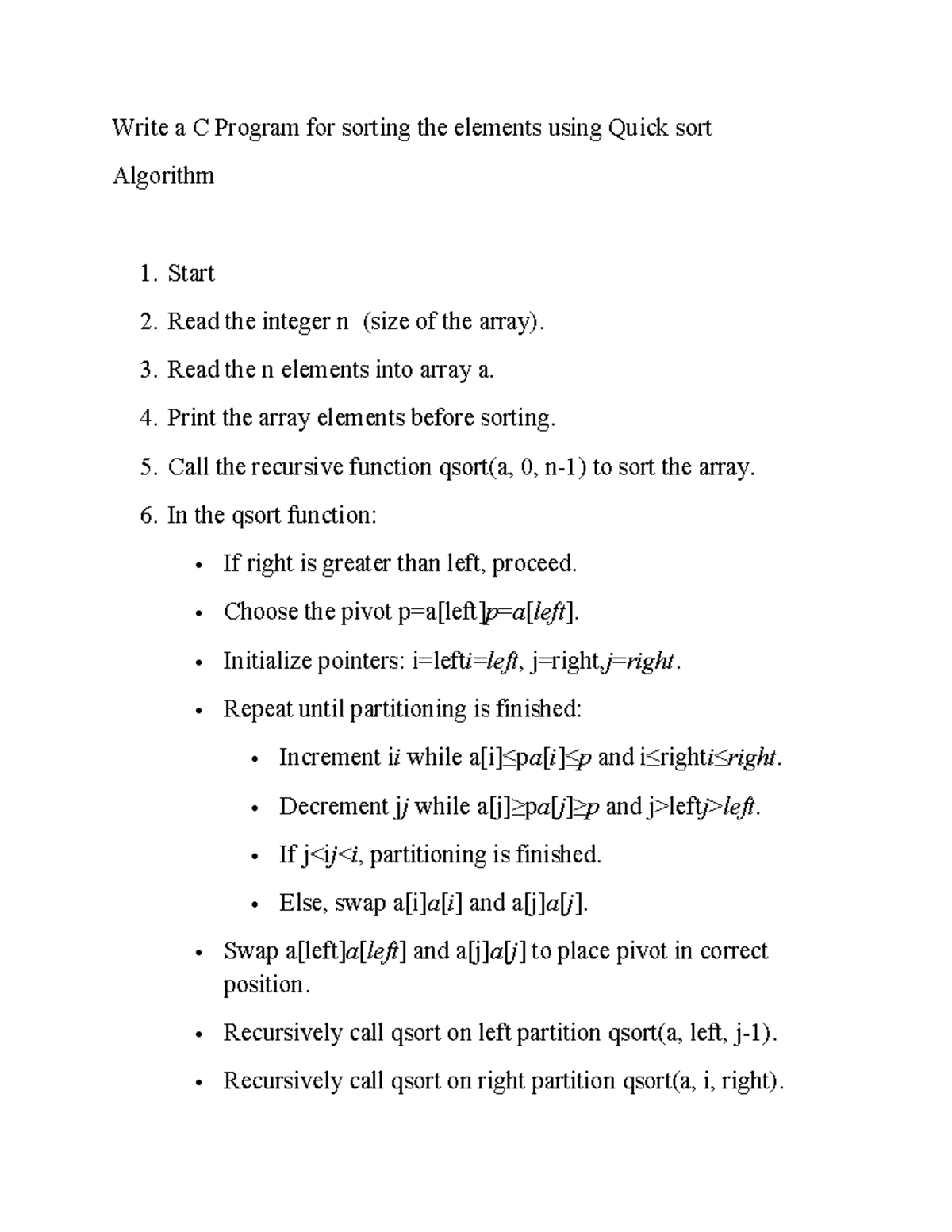 C Program for Quick Sort Algorithm - Week7 DAA - Studocu