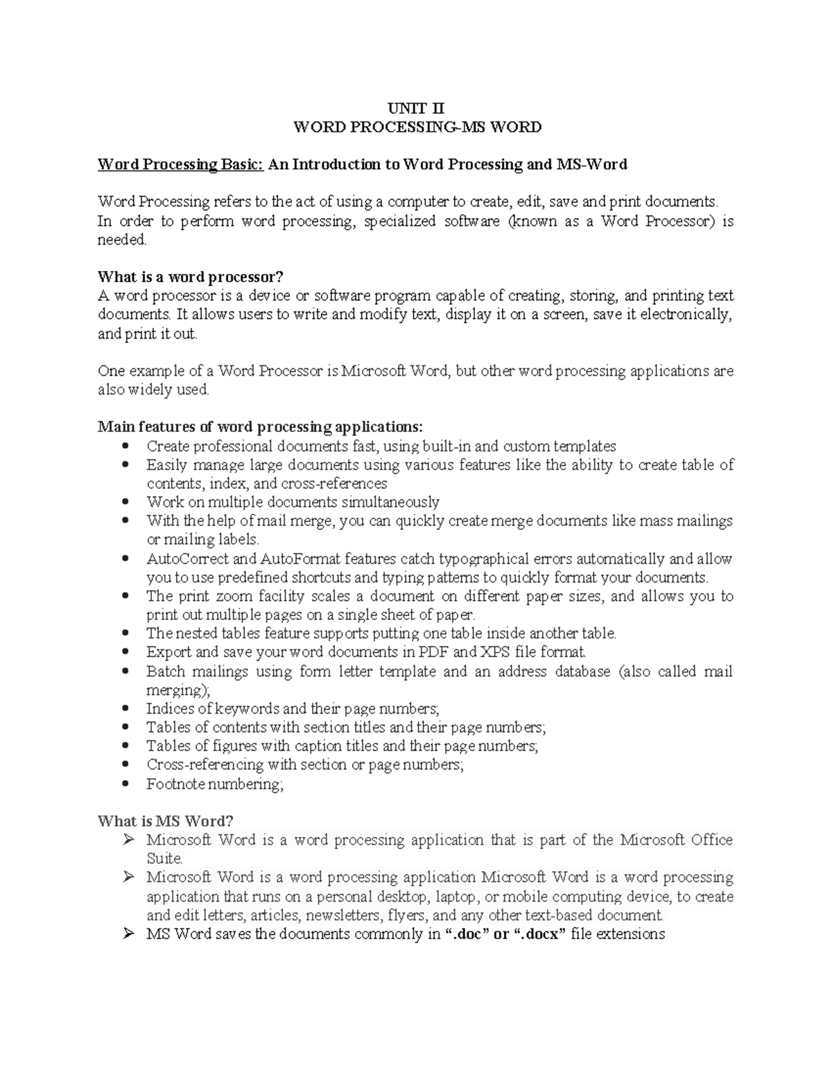 UNIT II - Word Processing Basics: An Intro to MS Word for FOC - Studocu