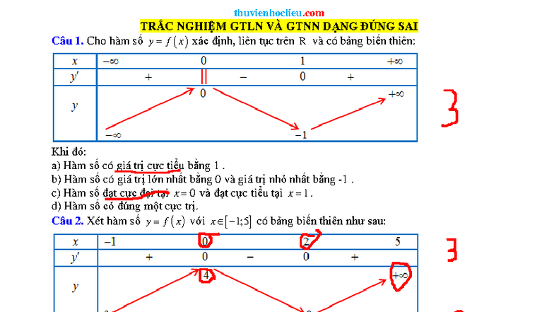 Toán 12 - Trắc Nghiệm GTLN và GTNN Dạng Đúng Sai - Studocu