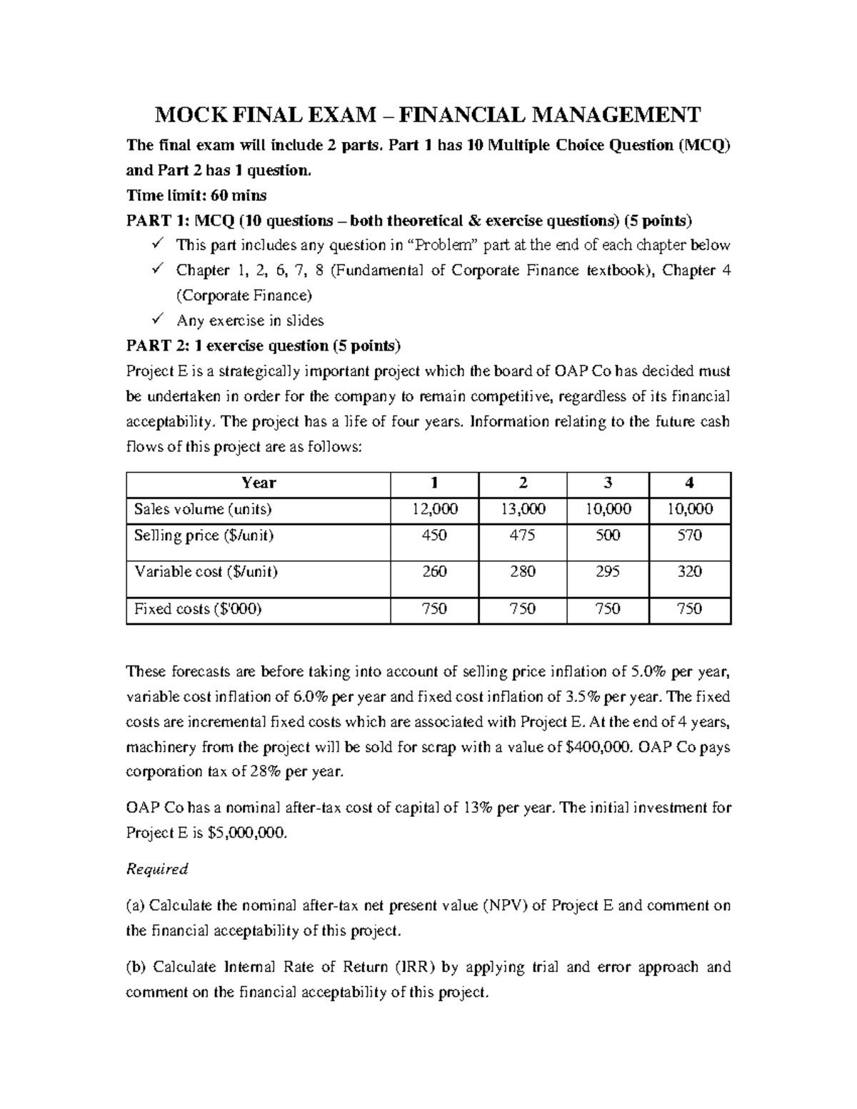 Mock Final Exam: Financial Management 9.6.2022 - Key Concepts and ...