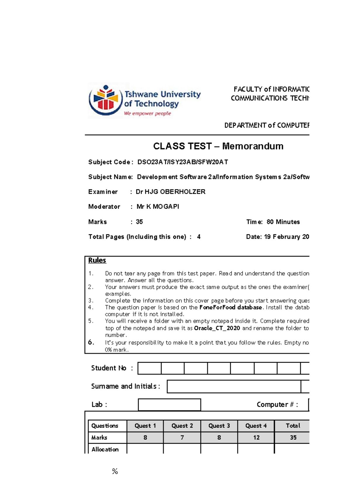 Class Test - practice material - FACULTY of INFORMATION and ...