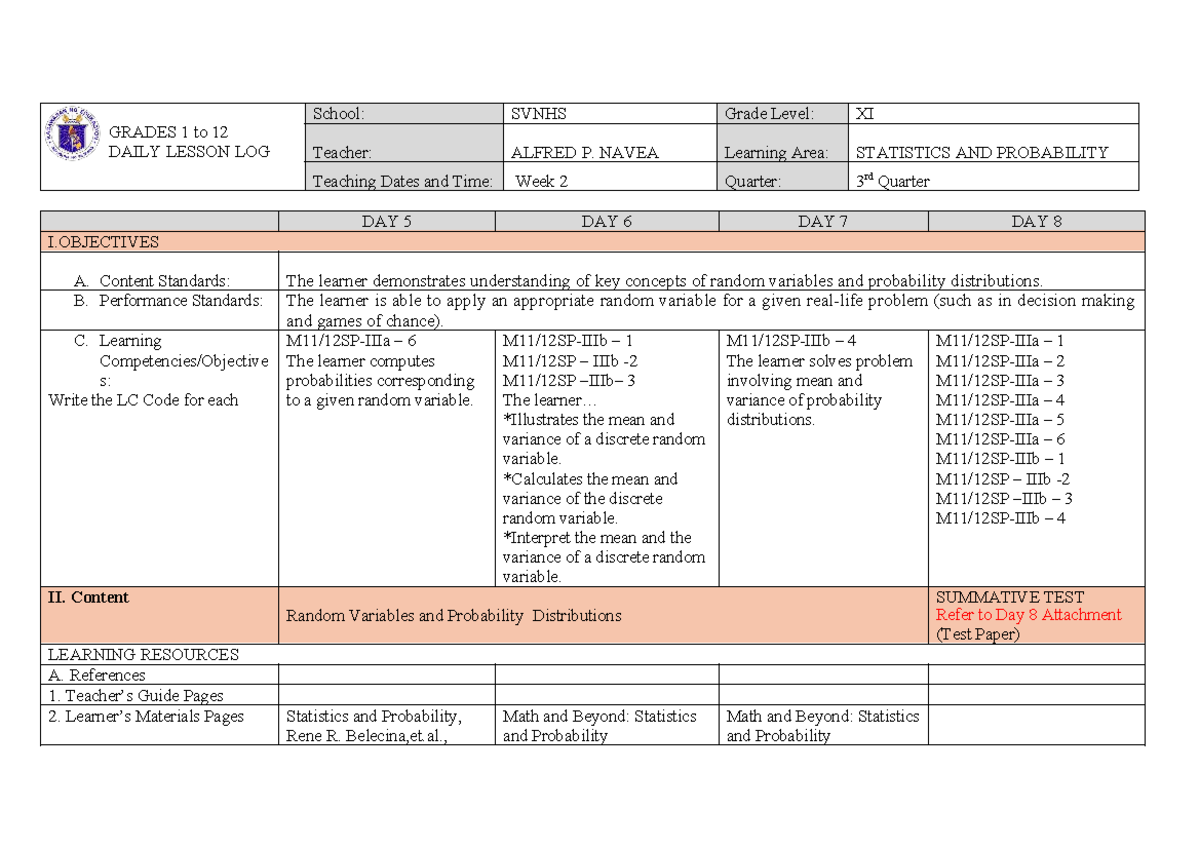 Statistics and Probability Lesson Log for Grade XI - Week 2 - Studocu