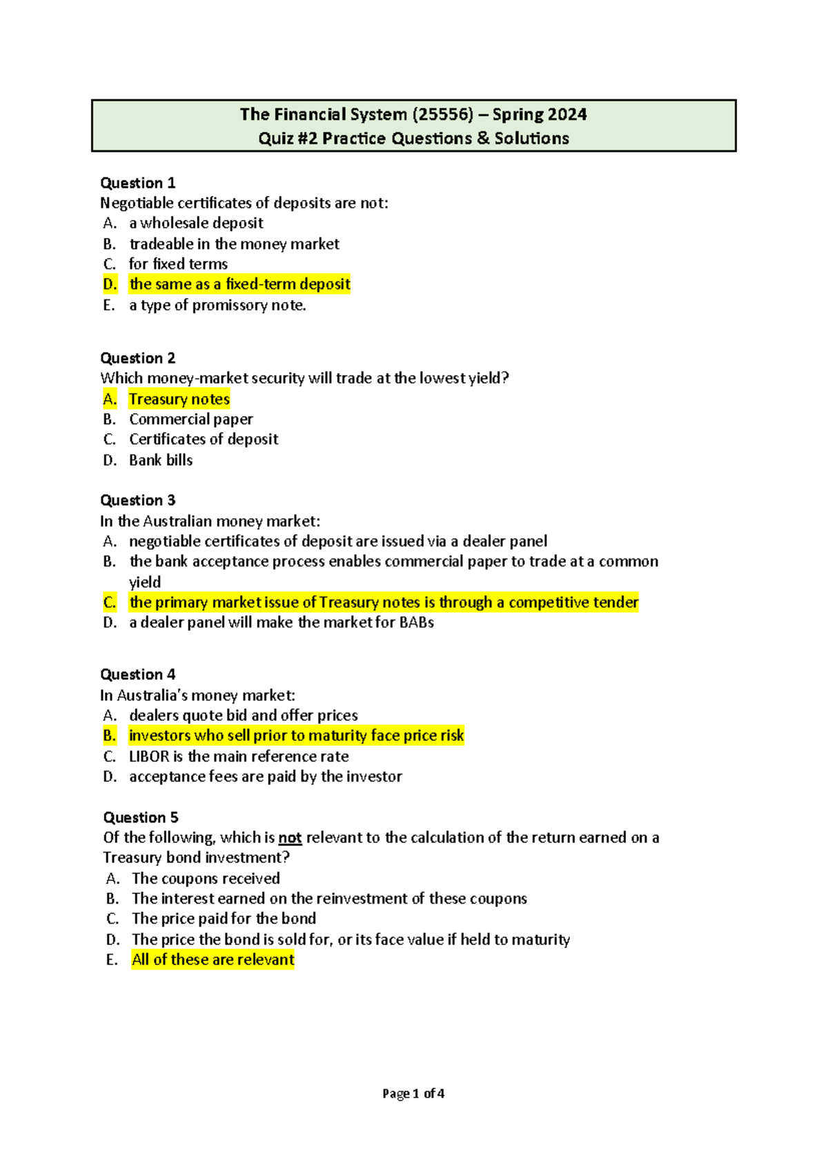 Financial System Spring 2024 Quiz 2 Practice Questions & Solutions ...