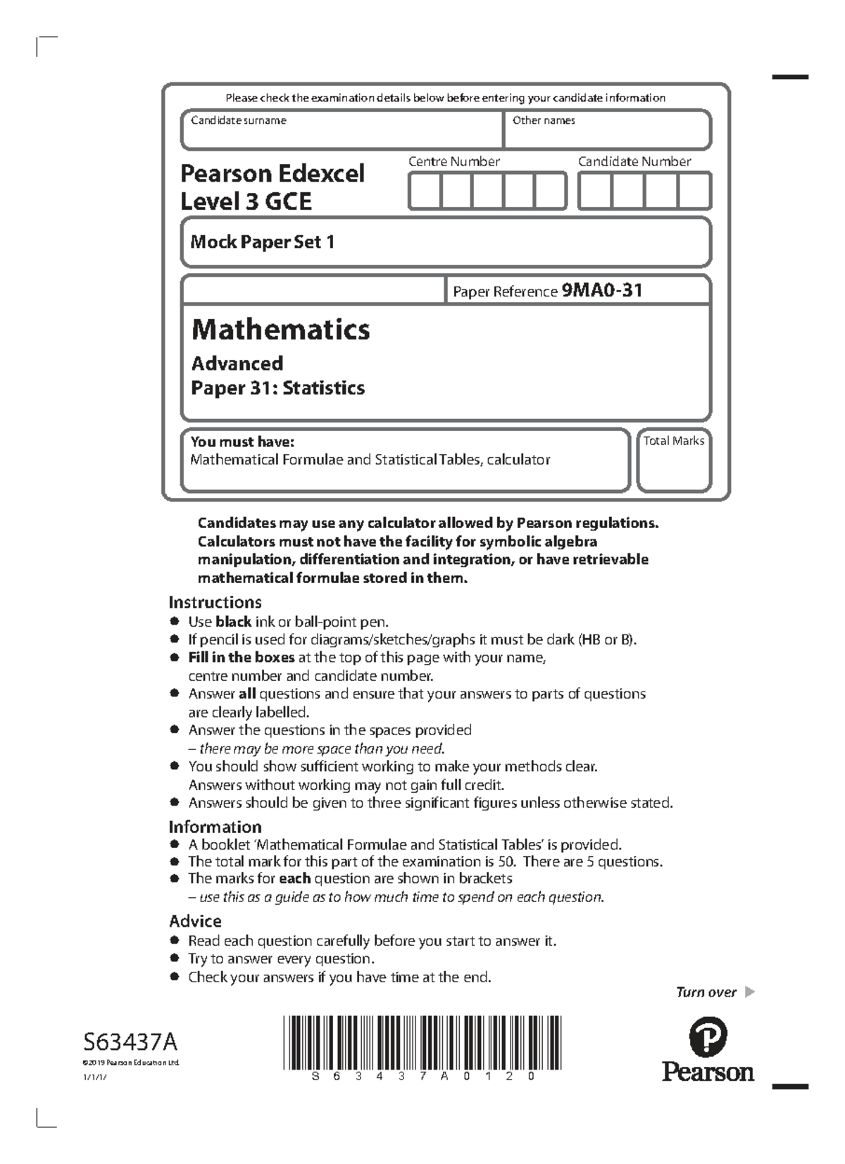 Statistics Advanced Paper 31: Mock Exam Paper Set 1 - Edexcel GCE - Studocu