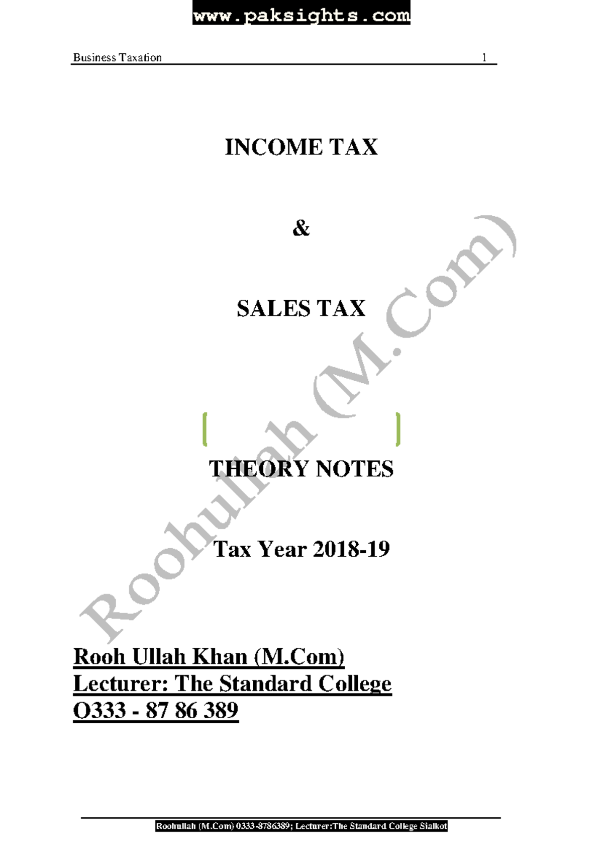 B.Com Part 2 Business Taxation: Income Tax & Sales Tax Notes - Studocu