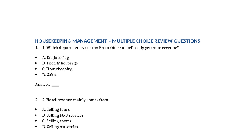 HOUSEKEEPING MANAGEMENT MCQ REVIEW QUESTIONS - Studocu