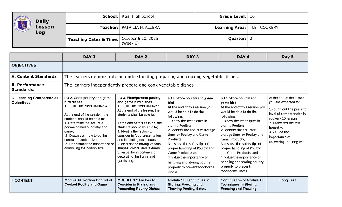 Q2-DLL-W6: TLE Cookery Lesson Log for Grade 10 - Week 6 - Studocu