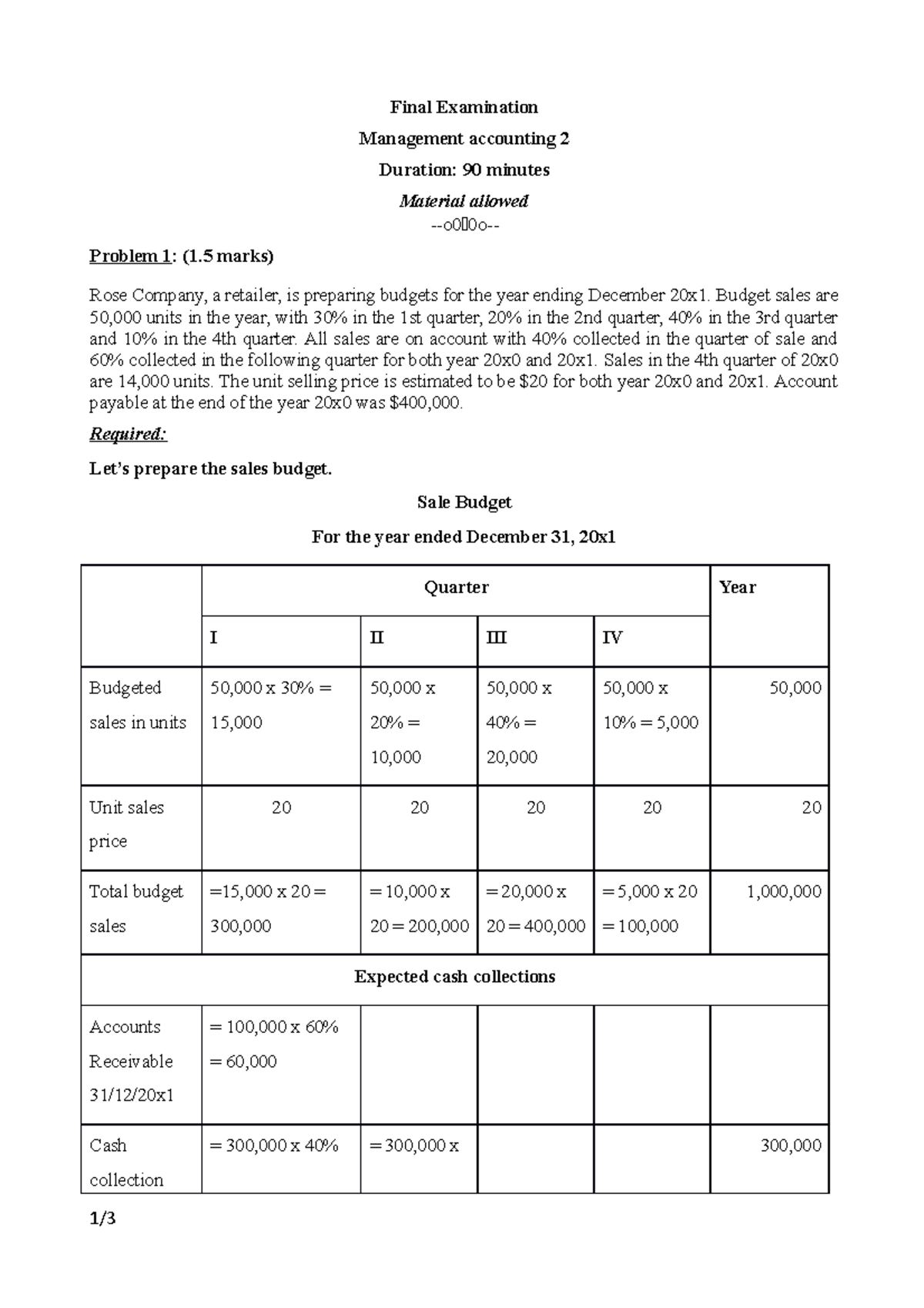 Final Exam: Management Accounting 2 - Midterm Test Practice - Studocu