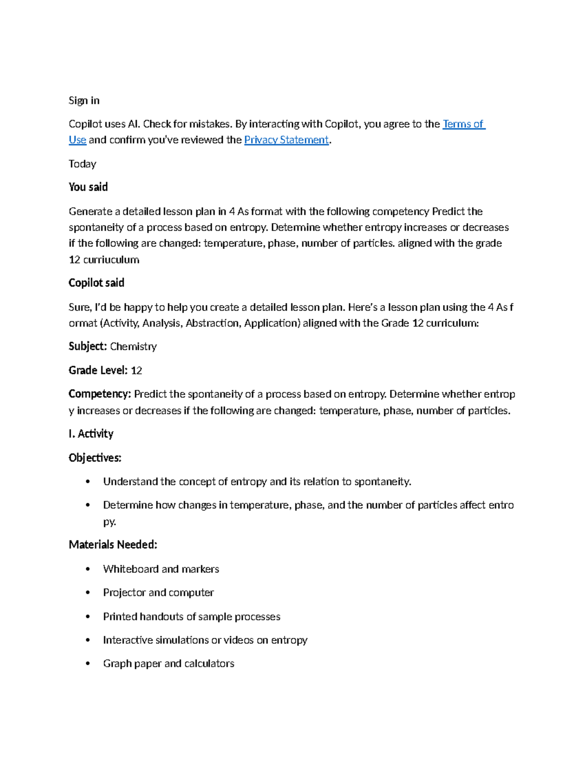Grade 12 Chemistry Lesson Plan: Understanding Entropy & Spontaneity ...