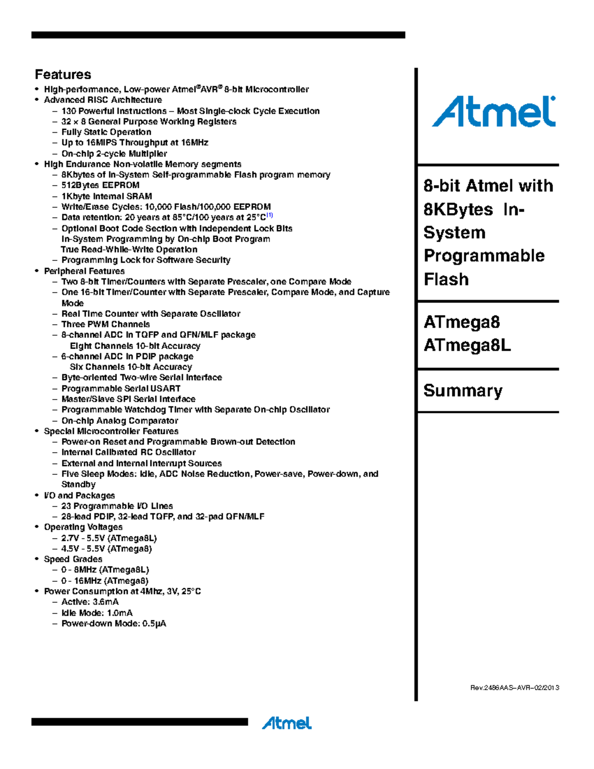 Atmel ATmega8L 8-bit Microcontroller Overview and Features Summary ...