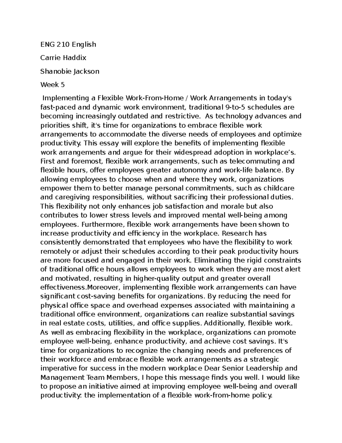 ENG 210 Week 5 Essay: Embracing Flexible Work Arrangements - Studocu
