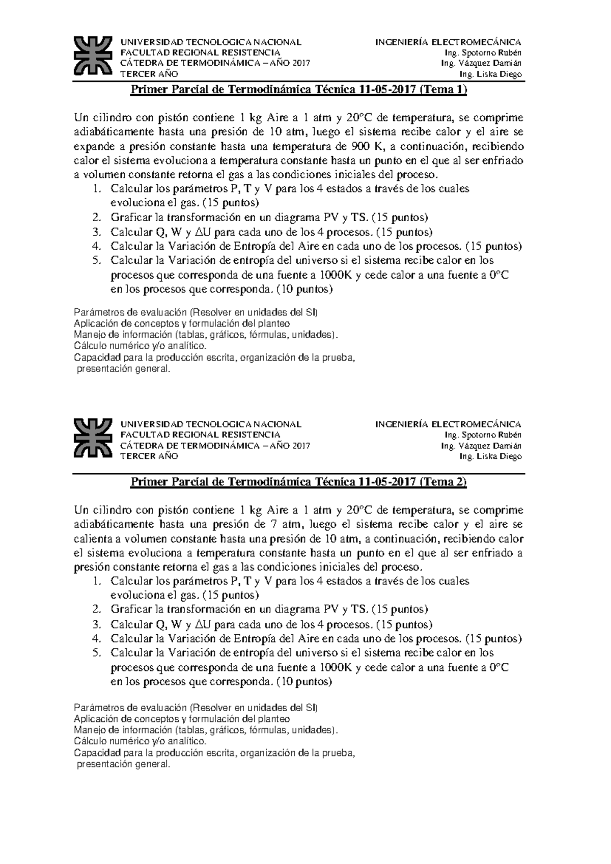 Modelos de Exámenes Parciales de Termodinámica - Ing. Electromecánica - Document Preview