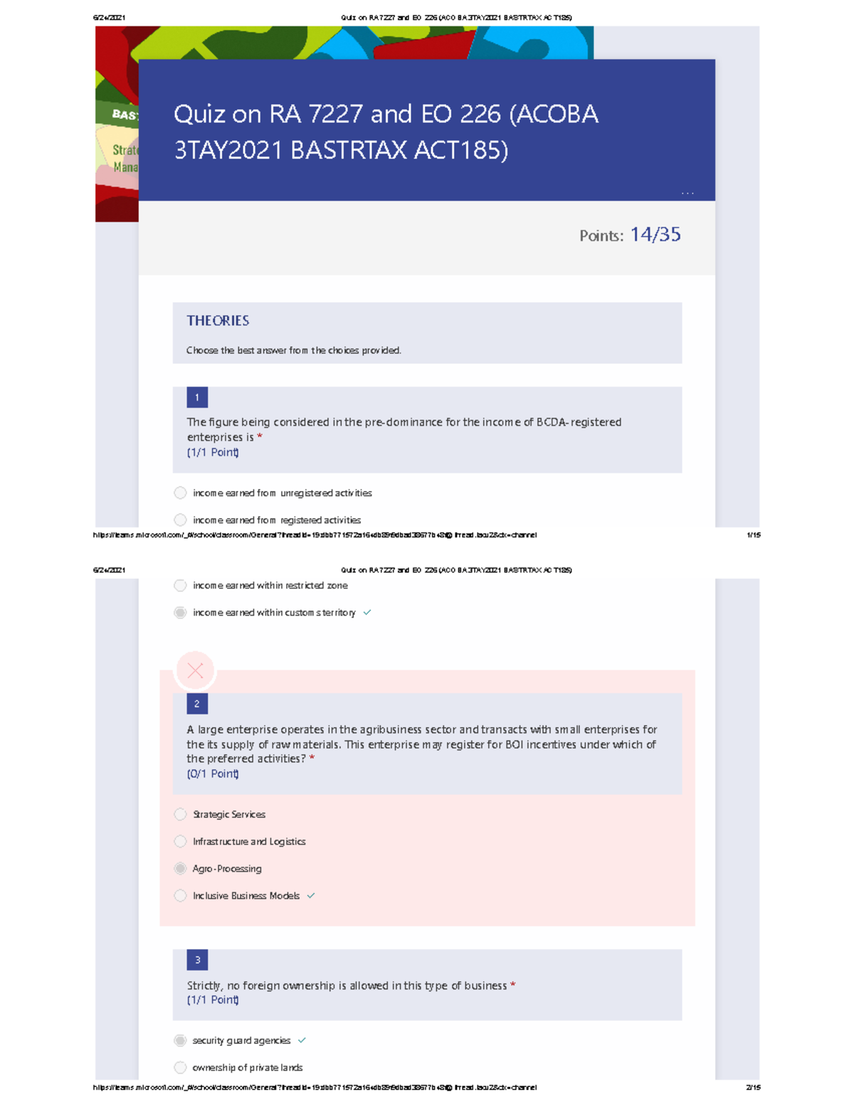 Quiz 7 - CPA Review on RA 7227 & EO 226 (3TAY2021 BASTRTAX ACT185 ...