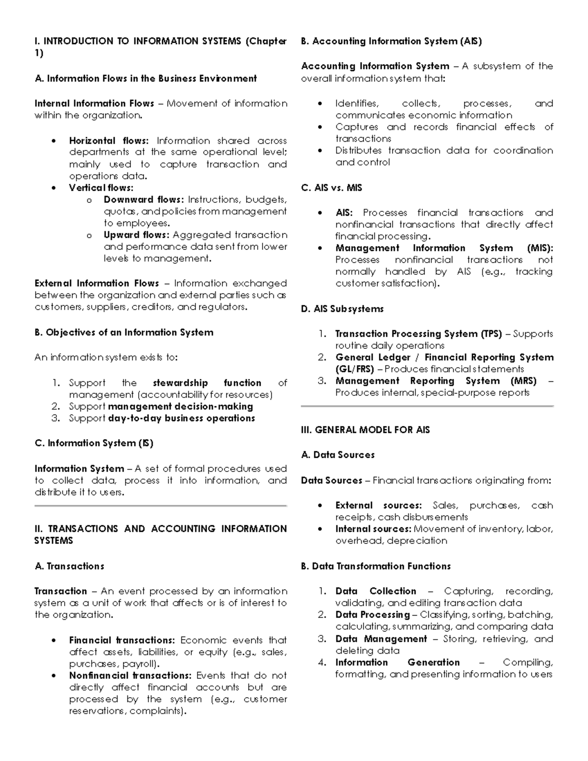 AIS CH1-5 Reviewer: Key Concepts from Chapters 1, 2, 4, & 5 - Studocu