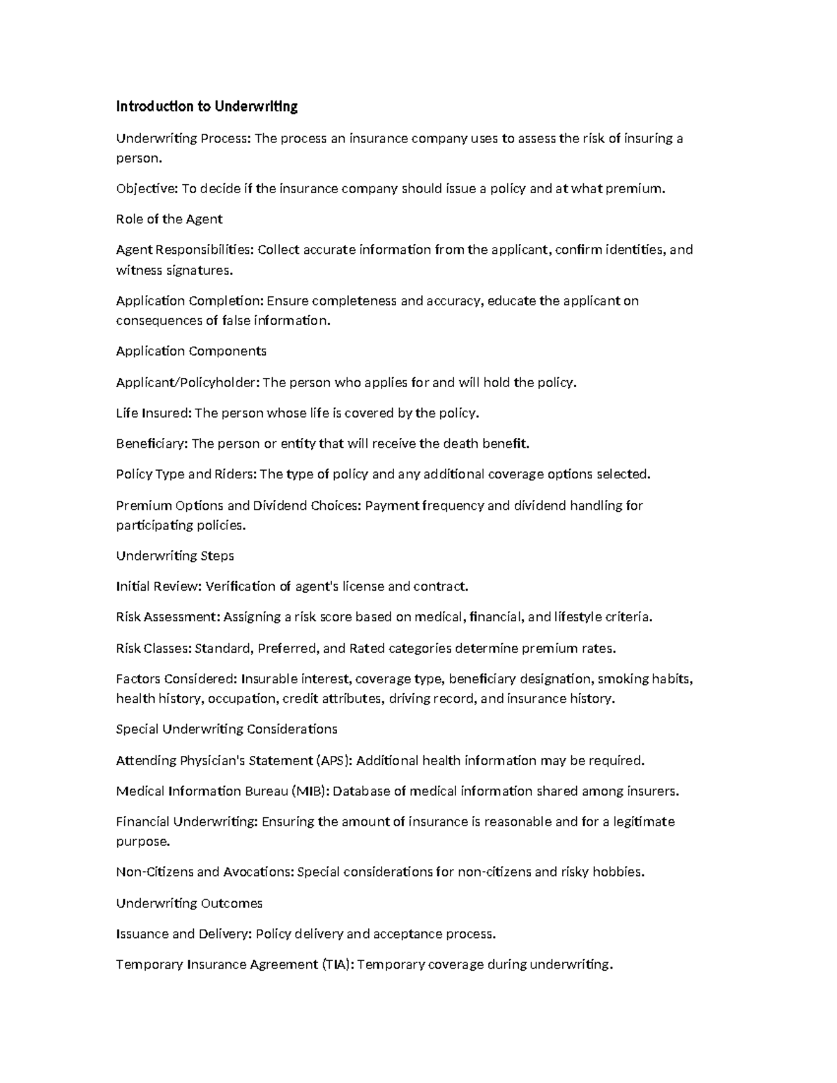 Chapter 8 & 9 - Summary of Insurance Underwriting Process and Legal ...