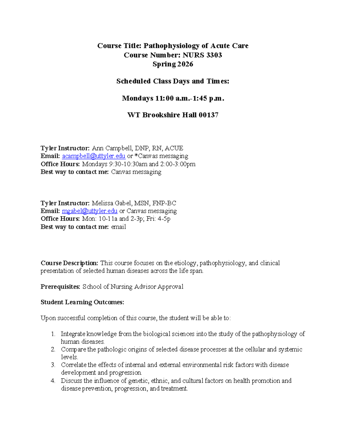 NURS 3303: Pathophysiology of Acute Care Syllabus - Spring 2026 - Studocu
