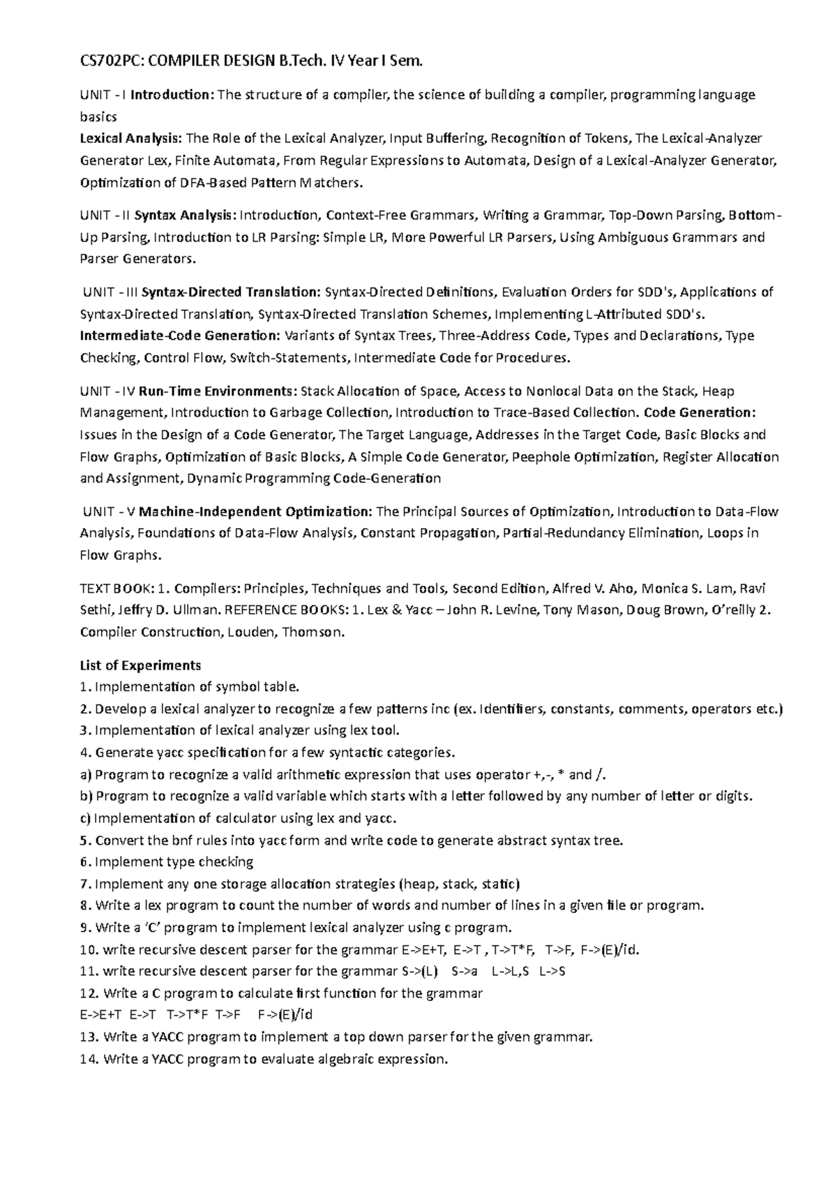 CS702PC: Compiler Design - Unit 1 & 2 Notes for B.Tech IV Year - Studocu