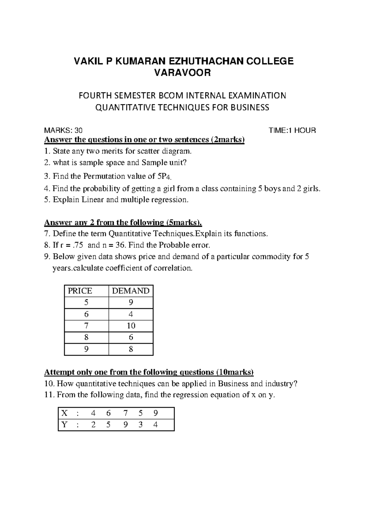 BCOM 4th Sem Internal Exam: Quantitative Techniques Q&A - Studocu