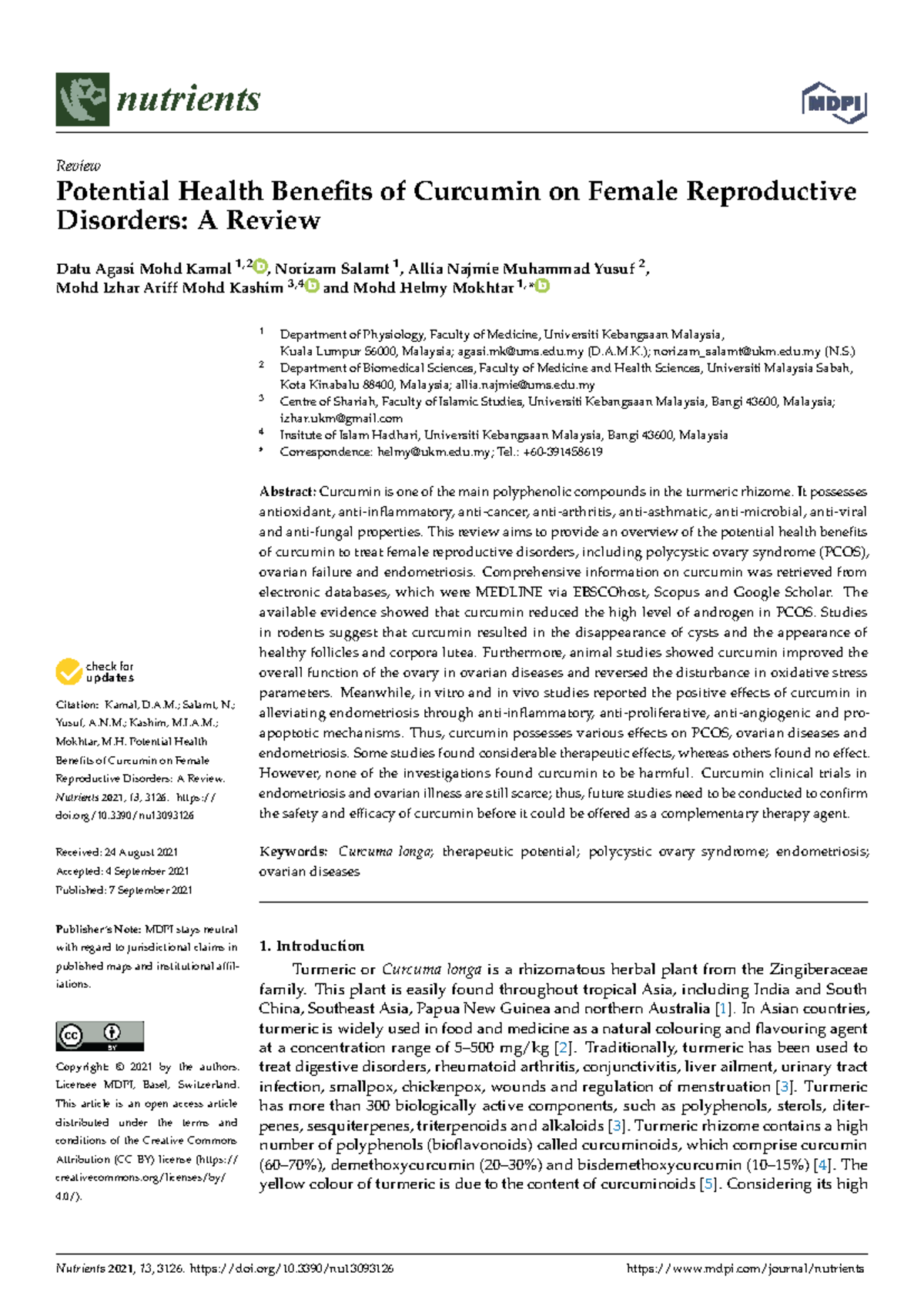 Potential Health Benefits of Curcumin on Female Reproductive Disorders ...
