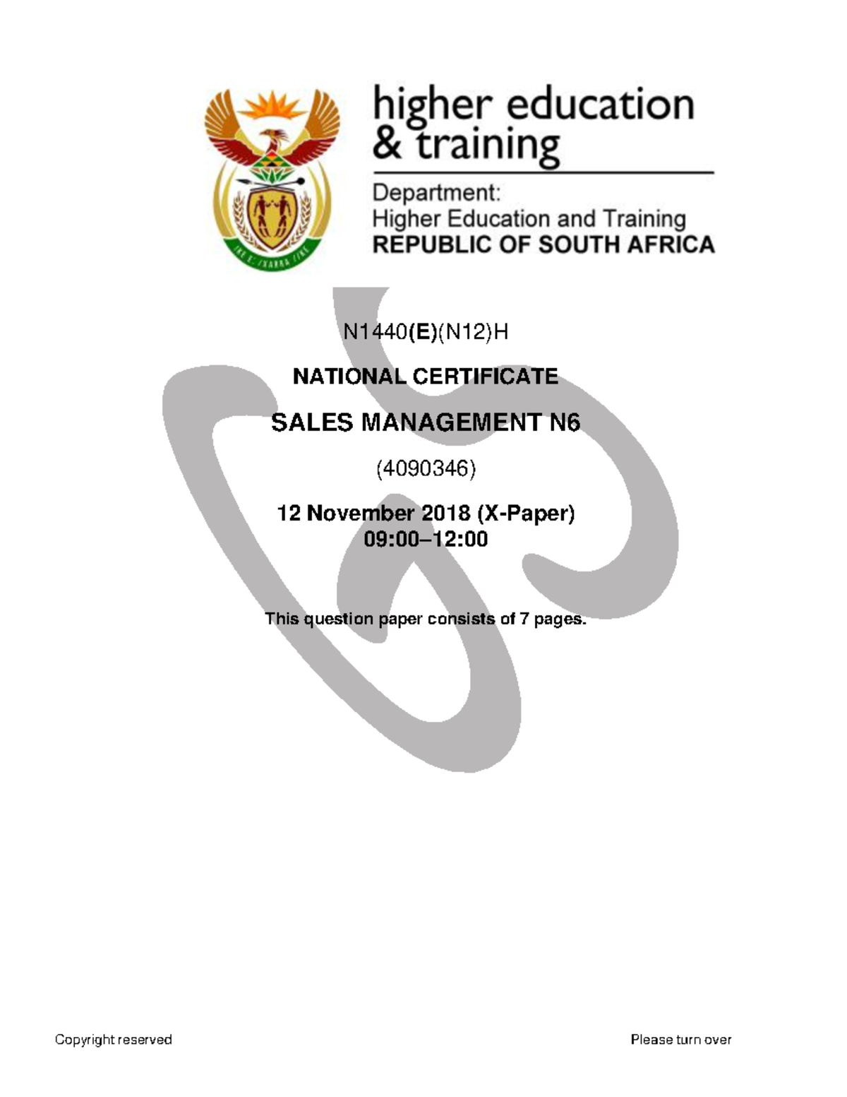 Sales Management N6 Question Paper - November 2018 (4090346) - Studocu