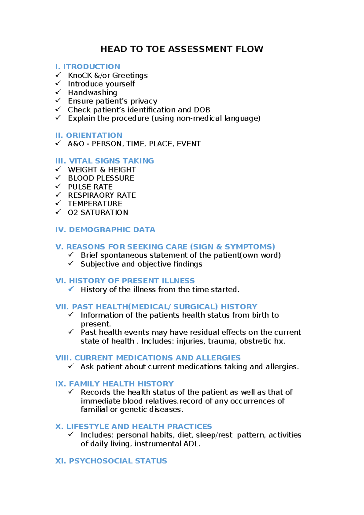 HEAD-TO-TOE ASSESSMENT FLOW: A Comprehensive Guide - Studocu