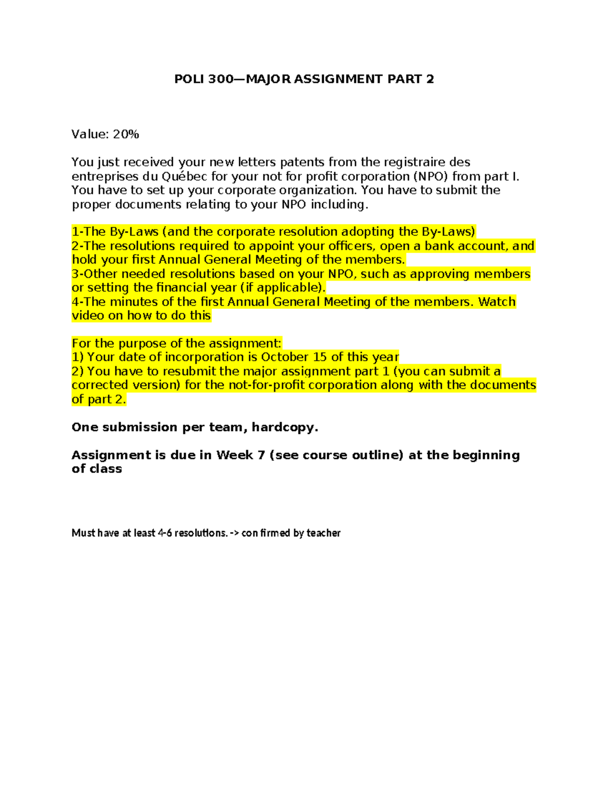 POLI 2024 Assignment Part 2: NPO Corporate Setup & Resolutions - Studocu