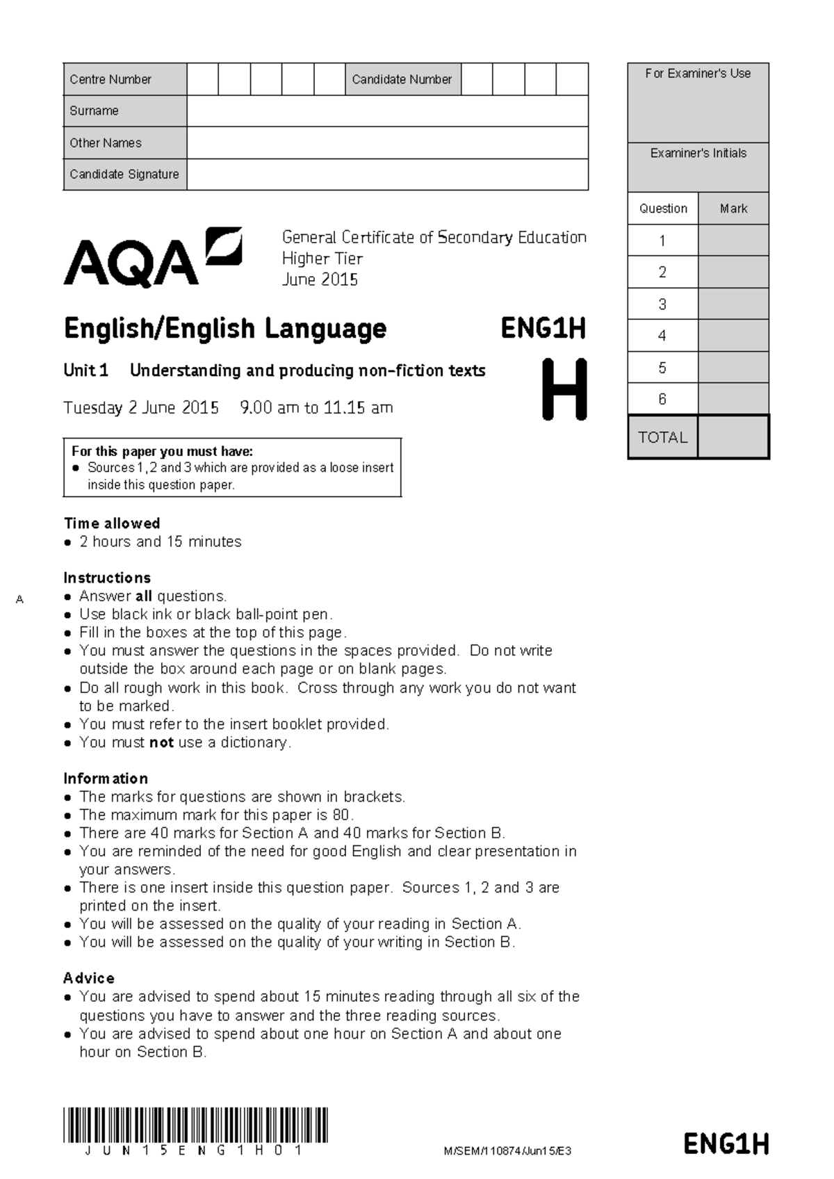 AQA GCSE English Unit 1 Higher Jun 2015 - QMU - Studocu