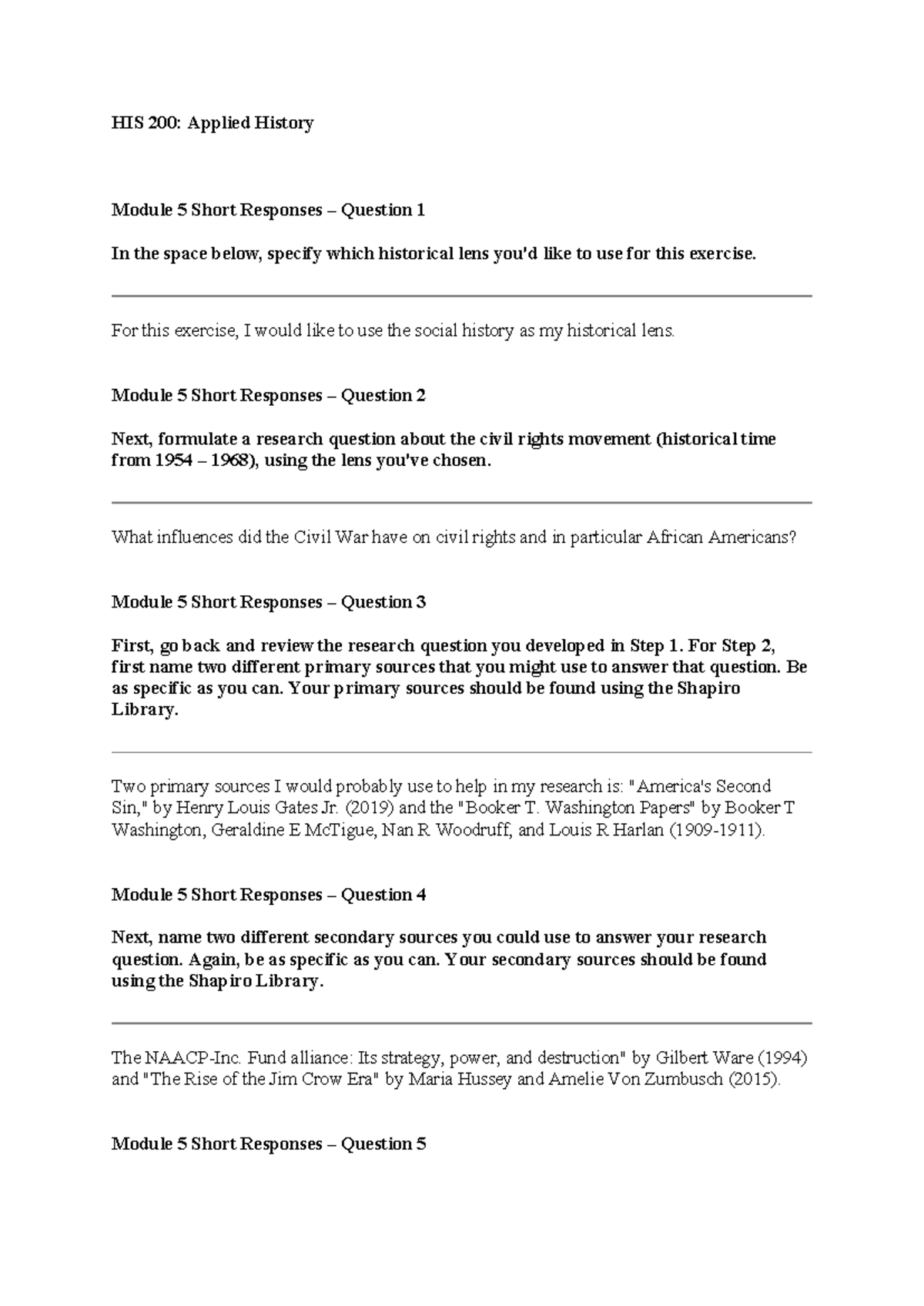 HIS 200: Applied History Module 5 Short Responses Analysis - Studocu