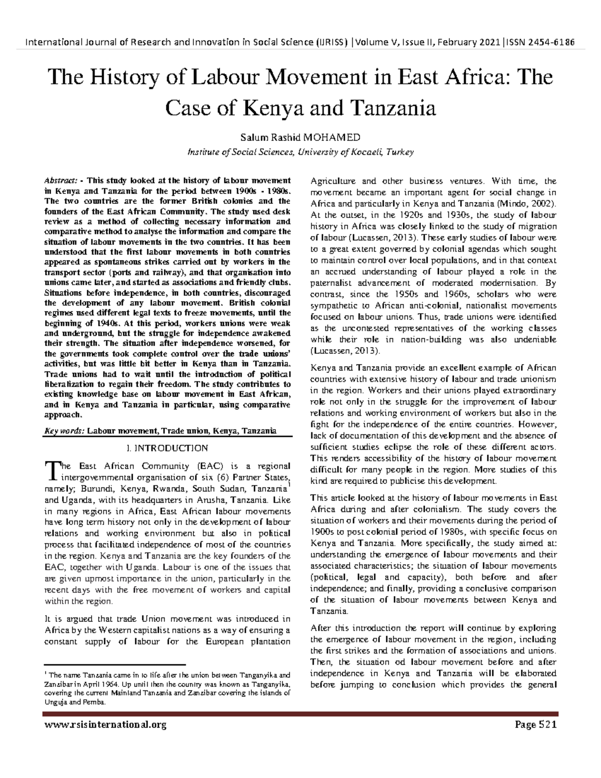 The History of Labour Movements in East Africa: Kenya & Tanzania (LAW ...