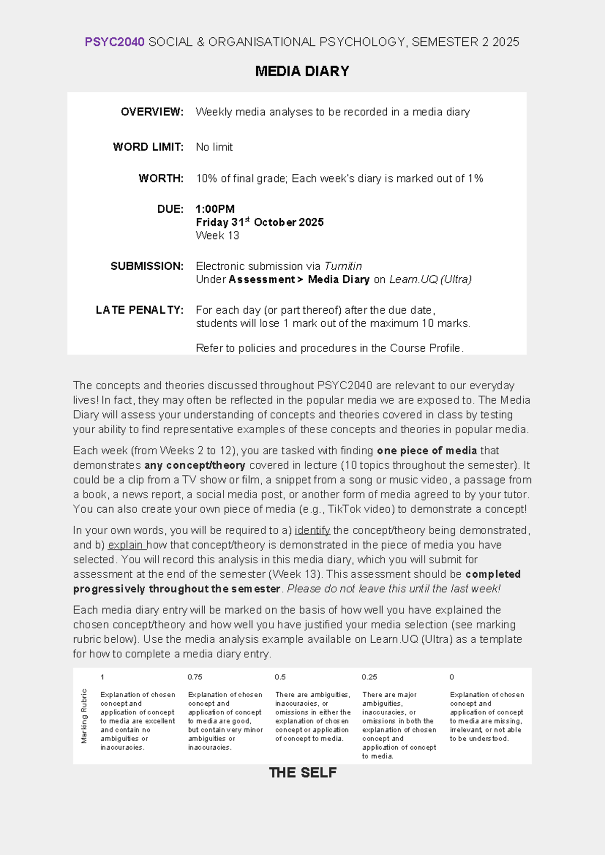 PSYC2040 S2 2025 Media Diary: Overview & Submission Guidelines - Studocu