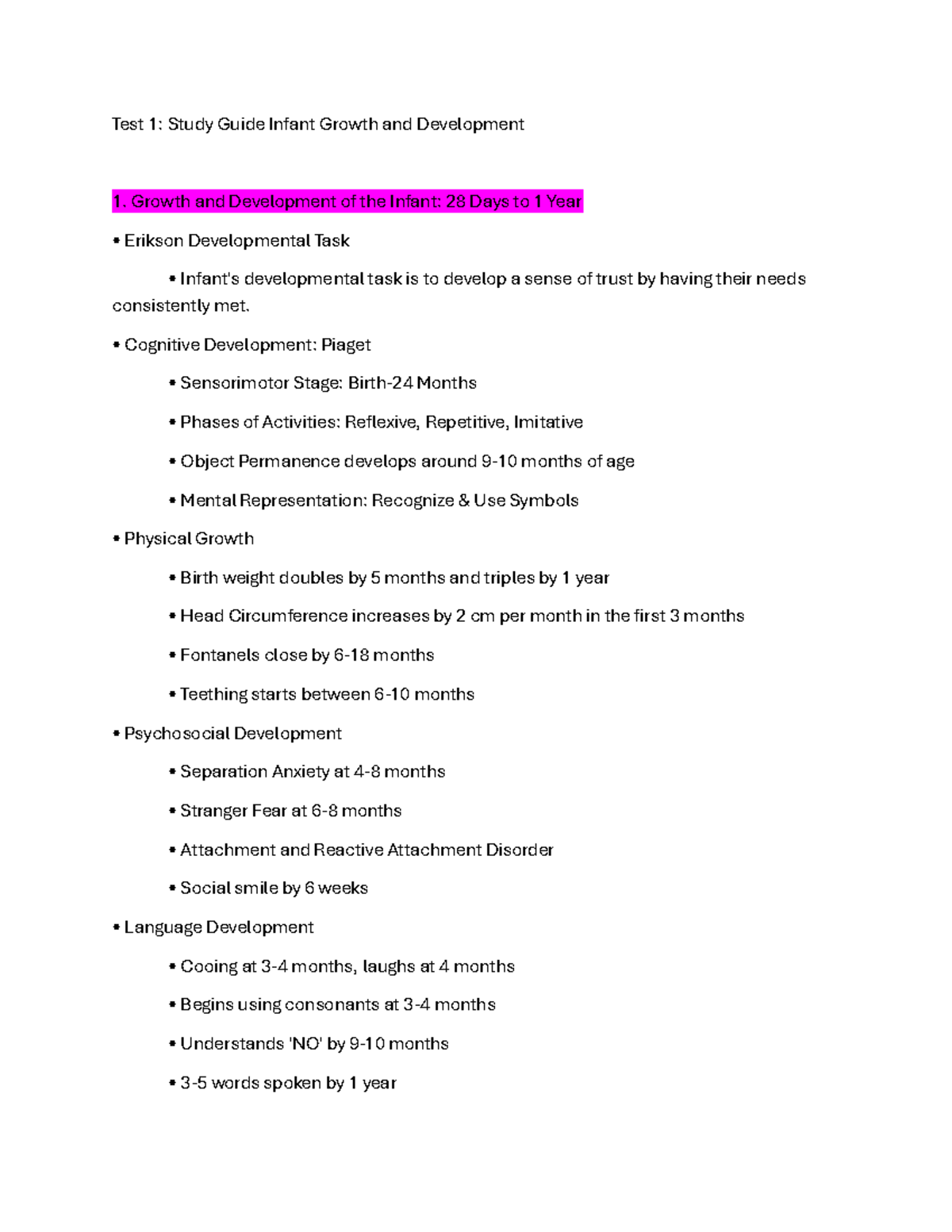 Test 1 study guide-1 - Test 1: Study Guide Infant Growth and ...