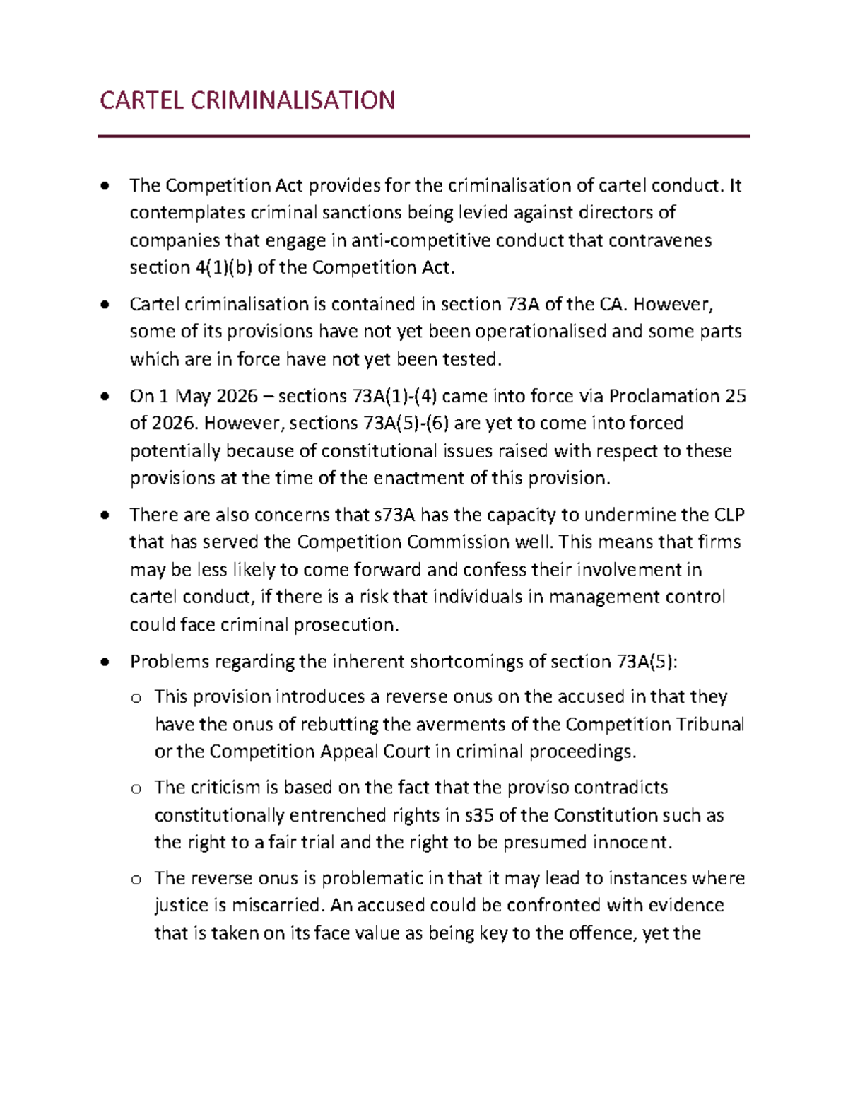 CARTEL CRIMINALISATION: Analyzing Section 73A of the Competition Act ...
