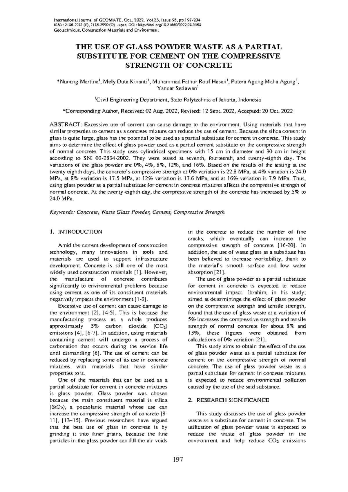 The Use of Glass Powder Waste as Partial Cement Substitute in Concrete ...