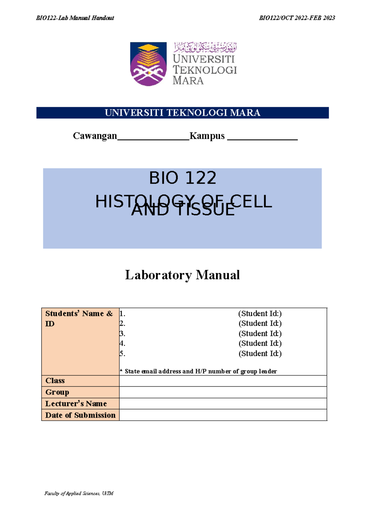 1. Laboratory Manual BIO122 (OCT 2022-FEB 2022) word - Cawangan Kampus ...